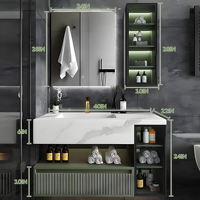 Floating Vanity for Bathroom, 40" Green Bathroom Vanity Set with LED Defog Mirror and Side Medicine Cabinet, Wall Mount Bathroom Storage Cabinet with Glass Door, Single Sink Bath Vanities - Green