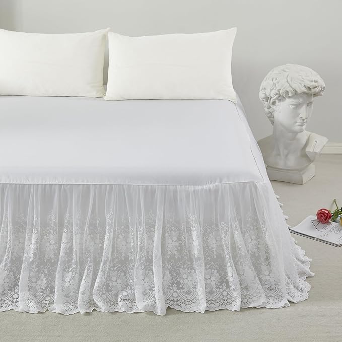 Brandream Lace Bed Skirt Twin Size White 18 Inch Drop Romantic Dust Ruffle Split Corners Bed Sheets Cover Excellent Quality