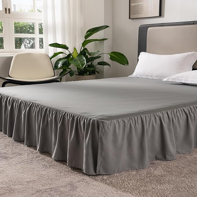 Grey Bed Skirt Queen Size Ruffled Bed Skirt with Split Corners, Queen Bed Skirt 12 Inch Drop, TSUTOMI Queen Size Bed Skirt Grey for Ruffled Bed Skirt with Split Corners, Bed Skirt Queen Size