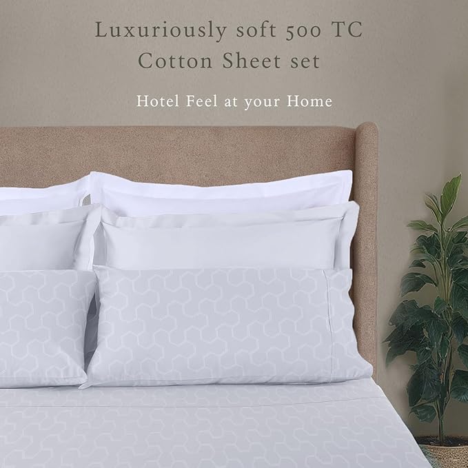 Threadmill 500 Thread Count Queen Size Sheets 4 Pc Luxury Cotton Bedding Set, Jacquard Floria Hotel White, Silky Smooth Sheets with 16" Elasticized Deep Pocket, 2 Pillowcases & Free Tote Bag