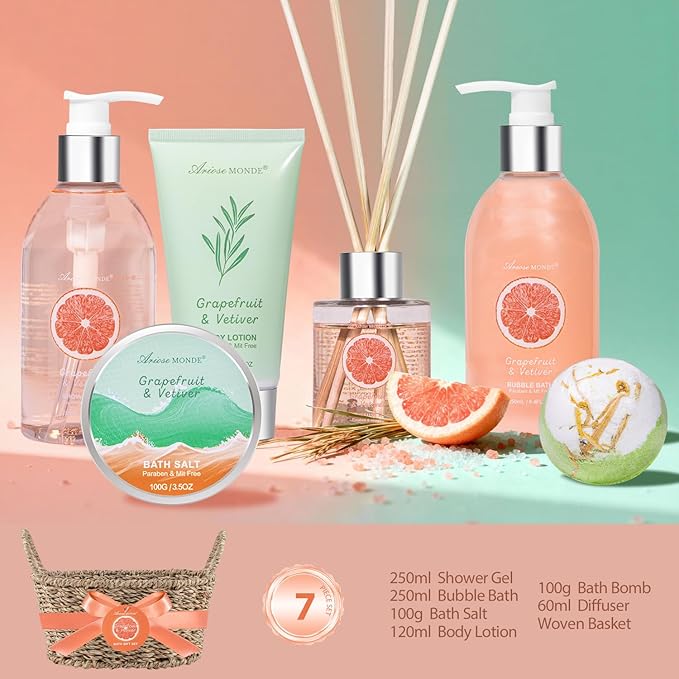 Gift Baskets for Women-7pc Bath Gift Set or Women, Relaxing And Uplifting Spa Gift Basket With Bath Bombs, Bath Salts, Shower Gel, Birthday Gifts for Her, Mother's Day Home Spa Relaxation Kit