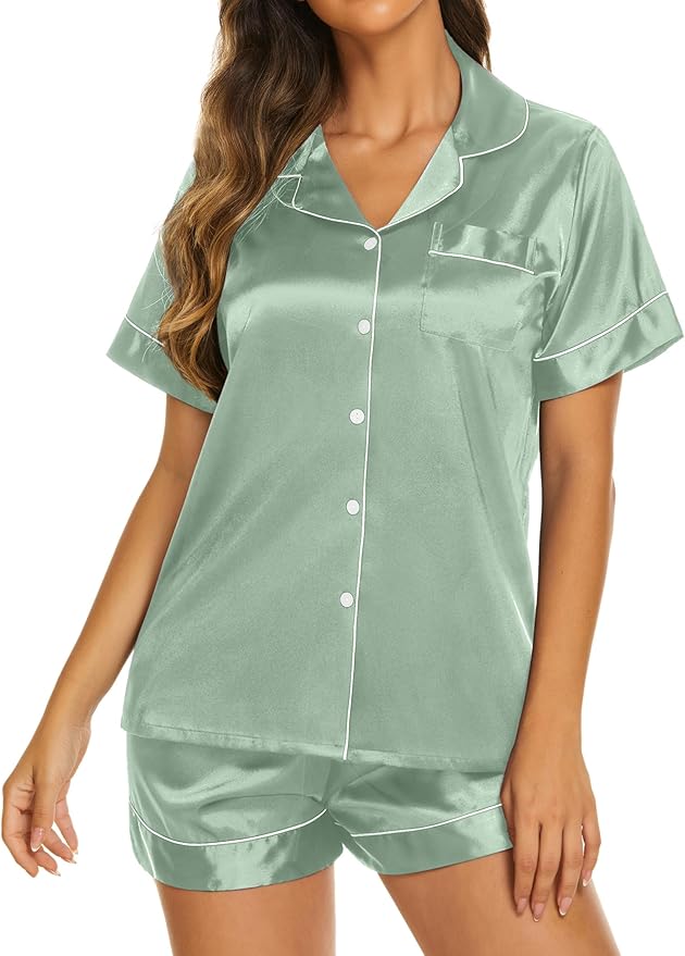 Ekouaer Pajamas for Women Set Silk Satin Pjs Shorts Sleepwear 2 Piece Loungewear S-XXL