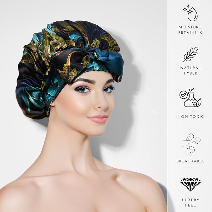100% Mulberry Silk Bonnet for Sleeping Women, Handmade in USA 19 Momme Double Layer Reversible Silk Hair Wrap with Adjustable Ties, Non-Slip Sleep Cap for Curly & Natural Hair