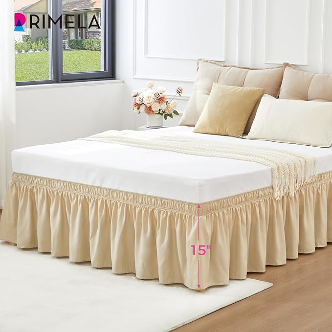 RIMELA Oatmeal Bed Skirting Queen Size Bed Skirt 15 Inch Drop, Wrap Around Elastic Adjustable Bedskirt, Dust Ruffle for Bed Frame & Box Spring Soft Durable Fabric Machine Washable Easy to Install