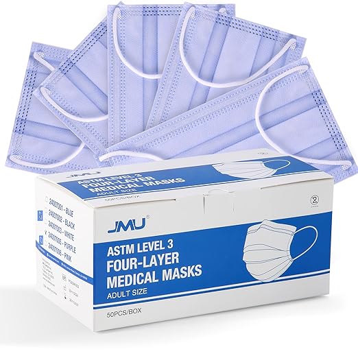 JMU 500 Pcs Disposable Face Masks, 4-Ply Protection ASTM Level 3 Medical Masks for Adults, 10 Box, Purple