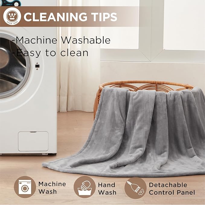 Westinghouse Heated Blanket Queen Size, Electric Heating Blanket with 10 Heating Levels, 1-12 Hours Auto Shut Off, Fast Heating Warming Blanket, Machine Washable (Queen,84x90 Inches,Light Grey)