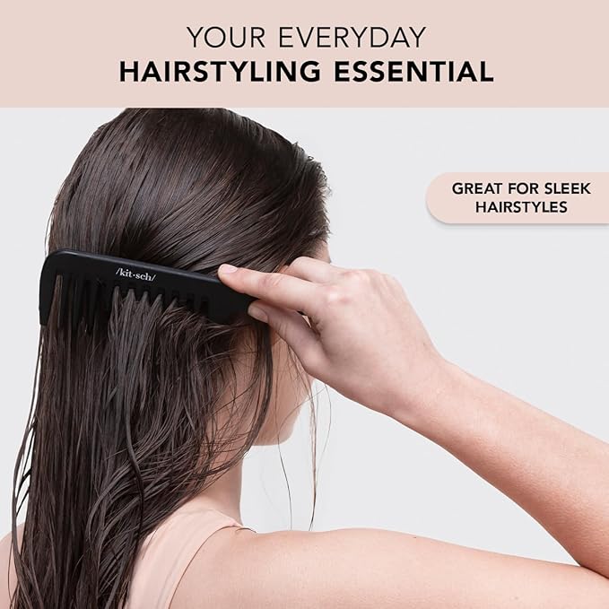 Kitsch Wide Tooth Detangler Comb - Curved Handle for Curly, Wet & Thick Hair, Black Shower Comb for Women