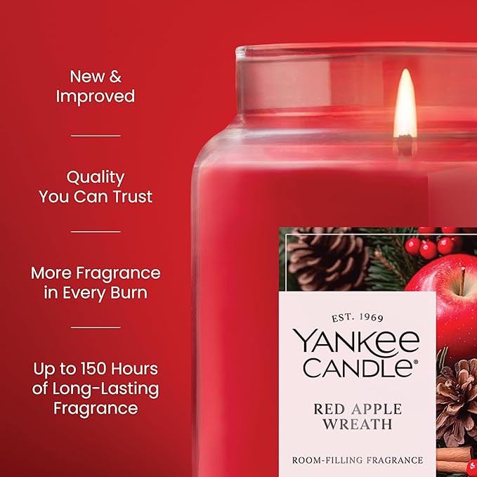 Yankee Candle Red Apple Wreath, Fall Scented Candle, 22oz Large Jar with up to 150 Hour Burn Time