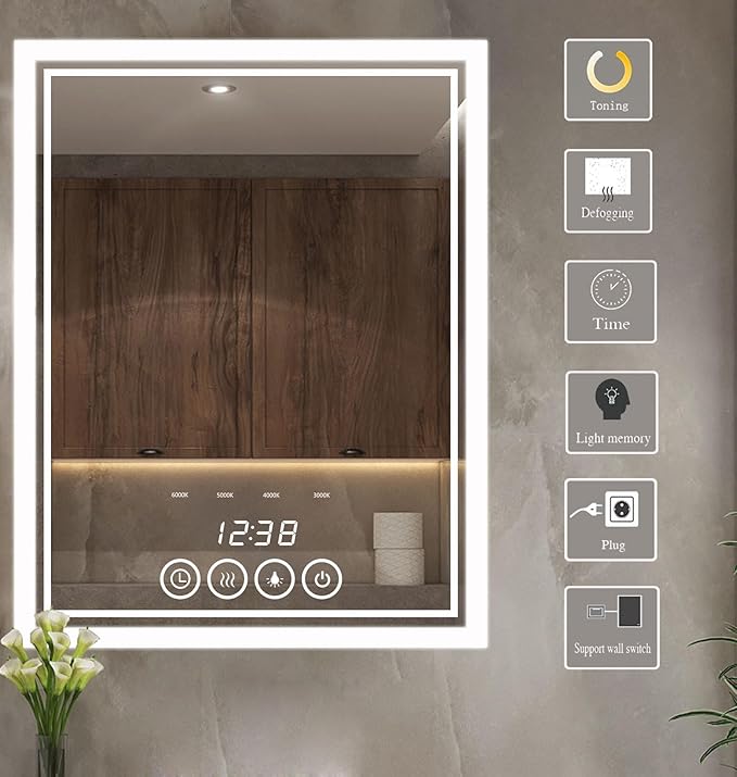 24 x 32 Inch Large Bathroom Mirror with Lights for Wall Big Anti-Fog Led Lighted Wall-Mounted Vanity Mirrors Dimmable Back-lit Makeup Mirror (24" x 32")