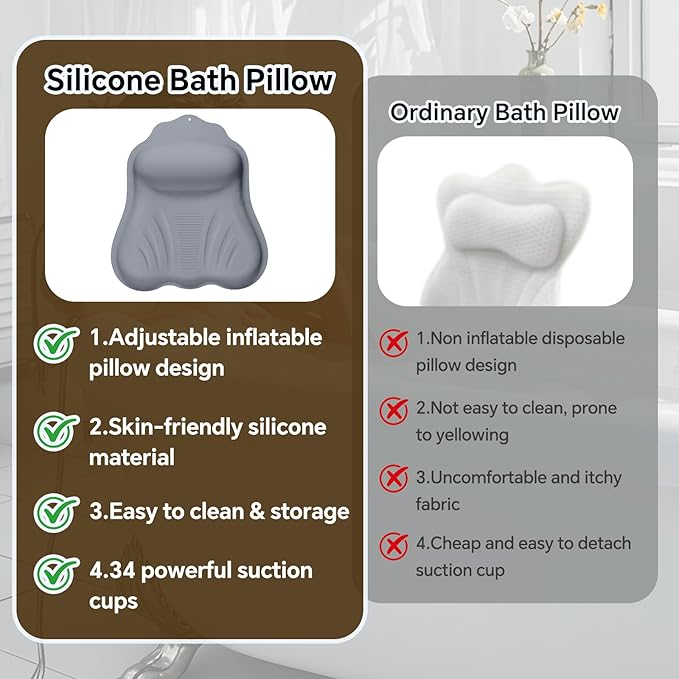 Silicone Bath Pillow for Tub Adults, 4D Air-Cushion Bathtub Pillow for Head Neck and Back Support, Non-Slip Suction Cups, Quick-Drying Waterproof Spa Pillow, Easy to Clean & Store (Gray