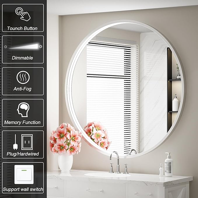 36" Round LED Bathroom Mirror, Dimmable Anti-Fog Vanity Mirror with Touch Control, 6000K Natural Light, Silver Metal Frame, Wall Mounted for Makeup Shaving (IP54, 90+ CRI)