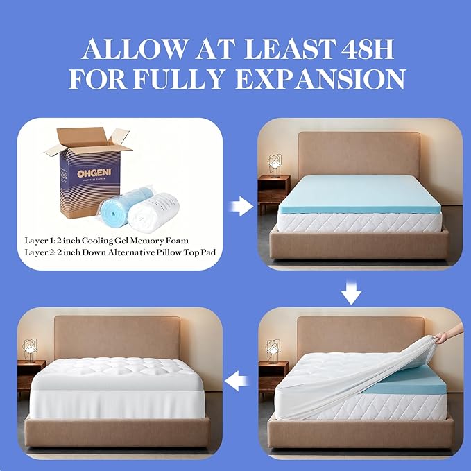 OhGeni Cooling 4 inch Dual Layer King Mattress Topper, 2 inch Cooling Gel Memory Foam, 2 inch Down Alternative Pillow Top Pad, Mattresses Cover for Bed, Medium Support, Fits 6”-19” Deep Pocket