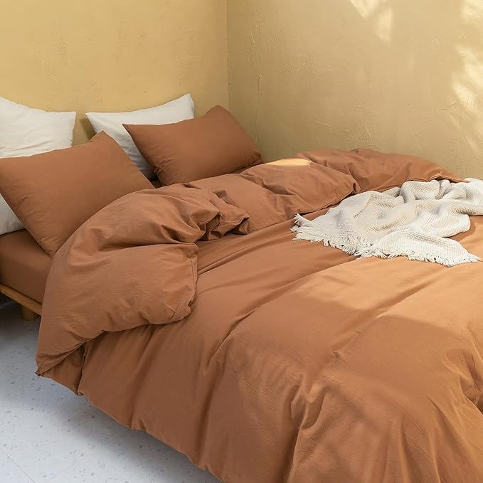 FOSSA Linen Duvet Cover Set 100% Washed Cotton Linen Feel Super Soft Breathable Cozy Simple Style 3 Pieces Bedding Sets Solid Dark Orange Queen