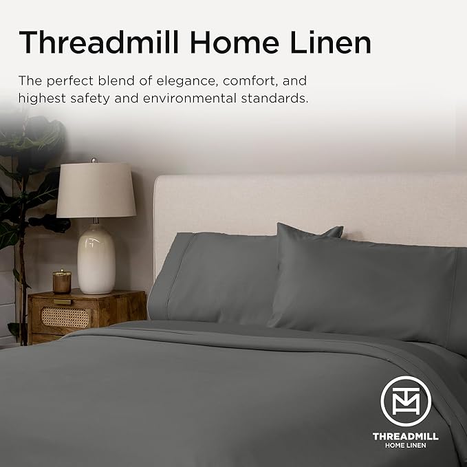 Threadmill Supima Cotton Sheets Queen | 656 Thread Count Queen Sheets for Queen Mattress | 4 Piece Luxury Bed Sheets | Sateen Weave Hotel Quality Sheet with Elasticized Deep Pocket | Dark Grey Sheet