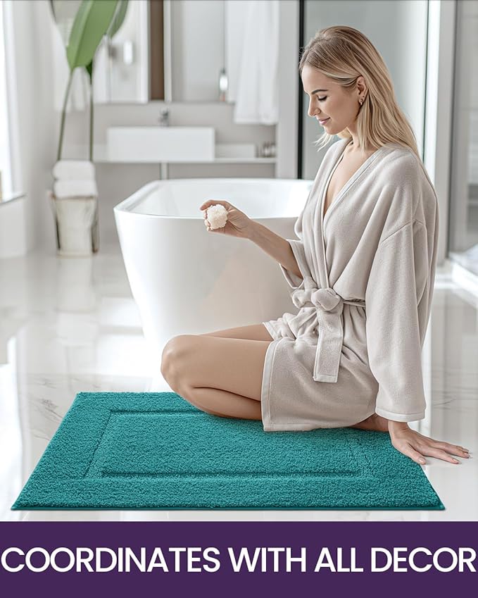 DEXI Bathroom Rugs 24x16, Washable Non Slip Bath Mat for Shower Floor, Absorbent Quick Dry Bathmat with Rubber Backing, Ultra Soft Plush Carpet for Tub, Teal