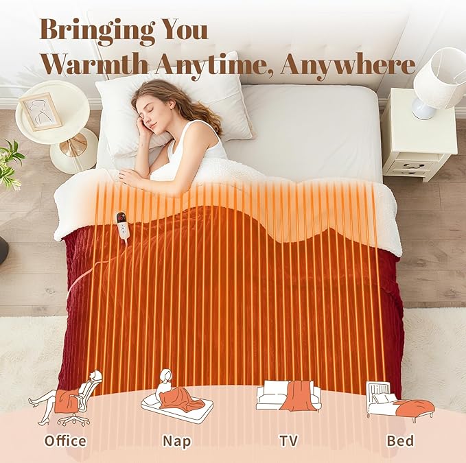 Electric Heated Blanket Twin Size - 62"x84" Fast Heating Bed Blankets with 6 Heating Levels & 10 Hours Auto Off, Soft Ribbed Flannel Sherpa, Over-Heated Protection ETL, Red