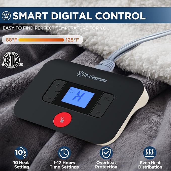 Westinghouse Electric Blanket Full, Heated Blanket Full Size with 10 Heating Levels and 1 to 12 Hours Heating Time Settings, Flannel to Sherpa Reversible, Machine Washable (80" x 84", Charcoal)