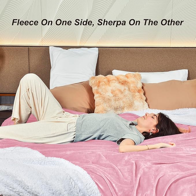 KAWAHOME Sherpa Fleece King Size Blanket for Bed - Extra Warm and Heavy Thick Blankets for Winter, Super Soft 500GSM Plush Blanket, 108" X 90" Pink