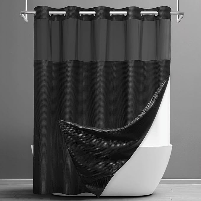 No Hook Shower Curtain with Snap in Liner Set Waffle Shower Curtain for Bathroom Hotel Style Fabric Waterproof Inner Liner，71" W x 86" H, Black