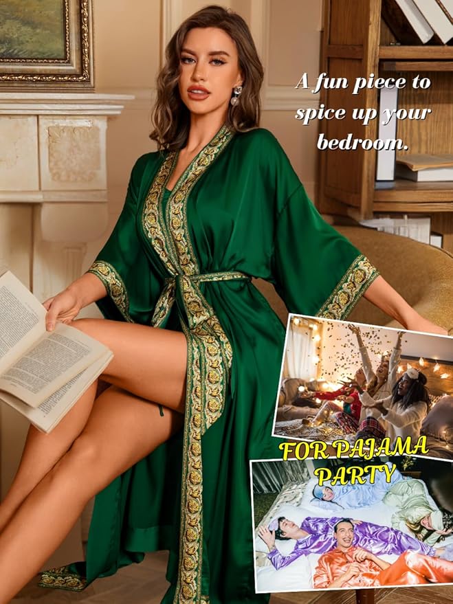 Satin Robe Sets For Women, 2-PC Lightweight Bathrobe, Silk Sleepwear Kimono Bridesmaid Sexy Robes