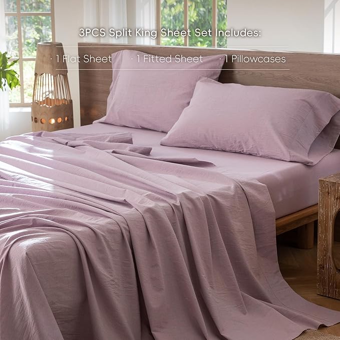 MooMee Bedding Sheet Set 100% Washed Cotton Linen Like Textured Breathable Durable Soft Comfy (Heathered Light Purple, Twin)