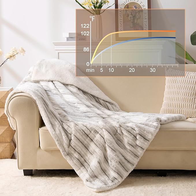 Heated Blanket Queen - 84"x90" Dual Control Bed Electric Blankets with 6 Heating Levels & 10 Hours Auto Off, Soft Ribbed Faux Fur Sherpa, Over-Heated Protection ETL, Light Gray