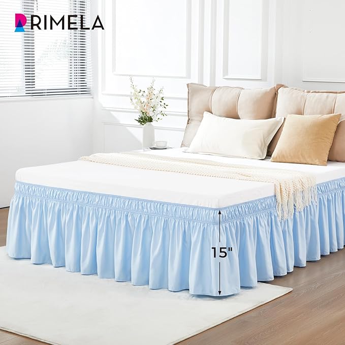 RIMELA Light Blue Bed Skirt King Size 15 Inch Drop, Elastic Bed Skirting for Bed Base and Frame, Bedding Dust Ruffle Easy to Install, Lightweight Wrap Around Adjustable Bedskirt