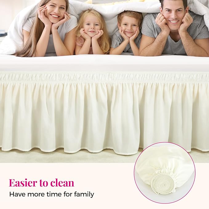 RIMELA Ivory White Bed Skirt Queen Size 12 Inch Drop, Wrap Around Elastic Adjustable Bedskirt, Bed skirting Dust Ruffle for Bed Frame & Box Spring Soft Durable Fabric Machine Washable Easy to Install