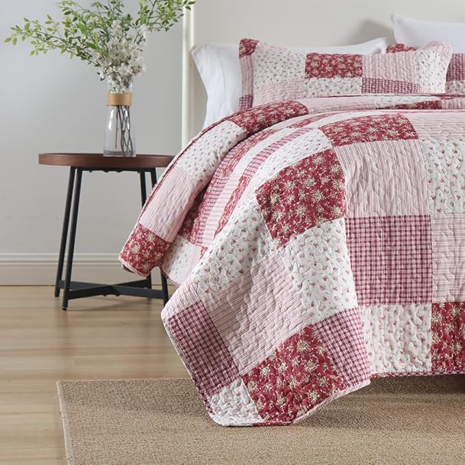 ENASAL Cotton Bedspread Quilt Bedding Sets Reversible Coverlet Sets Comforters Plaid Floral Red White Patchwork Pattern Bedspread for All Season, King Size