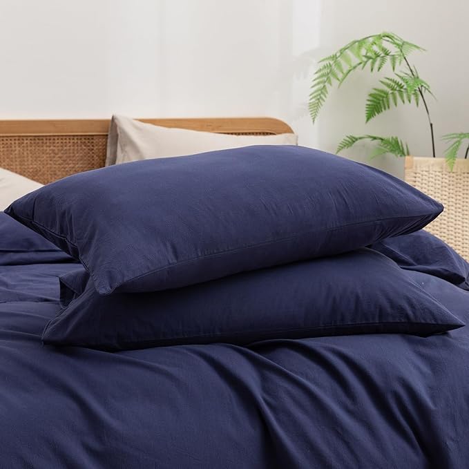 BESTOUCH Duvet Cover Set 100% Washed Cotton Linen Feel Super Soft Comfortable Chic Lightweight 3 PCs Home Bedding Set Solid Navy Blue Super King Plus