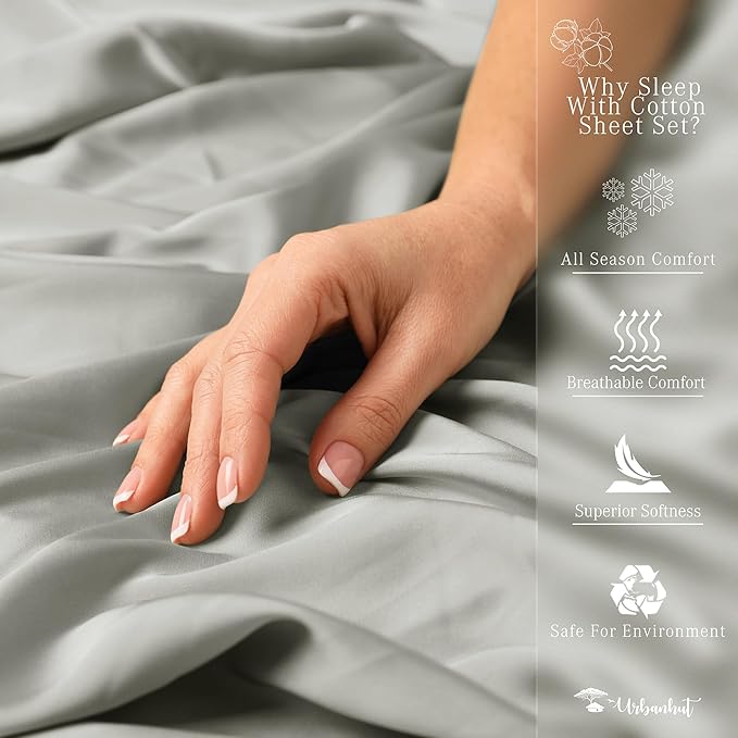 URBANHUT 1000 Thread Count Egyptian Cotton Sheets Twin Size, Breathable Long Staple for Twin Size Bed, 3 Pc Bed Sheet Sets, Luxury Hotel Sateen Sheets Fits 16" Deep Pocket - Silver Grey