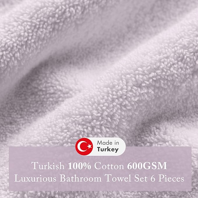 Madison Park Turkish 100% Cotton Towel Set, 600Gsm Luxury Premium Weight, Soft Absorbent Hotel Bathroom Shower Hand Face Washcloths, Assorted Sizes Lavender 6 Piece