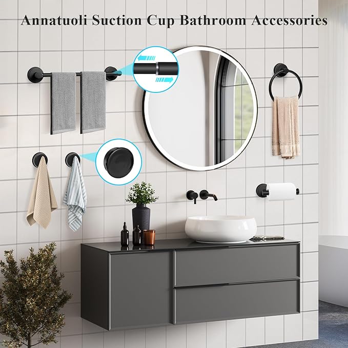 5 Piece Suction Cup Bathroom Accessories Set, Adjustable 12-21 Inches Suction Cup Towel Bar Towel Racks, Robe Towel Hooks Toilet Paper Holder for Glass Shower Door Bathroom Matte Black