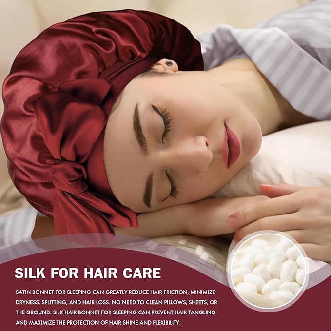 Silk Bonnet for Sleeping Women, Adjustable Soft Satin Lined Bonnet with Tie Band, Double Layer Sleep Night Cap