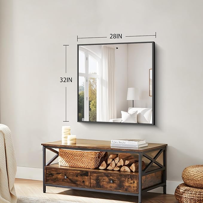 Koonmi Black Framed Bathroom Mirror - Shatterproof 32"x28" Tempered Glass, HD No Distortion, Horizontal/Vertical Mount, Modern Matte Aluminum Alloy Frame