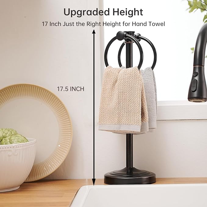 Hoimpro 17 Inch Oil Rubbed Bronze Stainless Steel Free Standing Towel Rack Bar, Double Stand Towel Ring Hand Towel Holder Hanger, Towel Hardware for Bathroom Vanity Kitchen Countertops