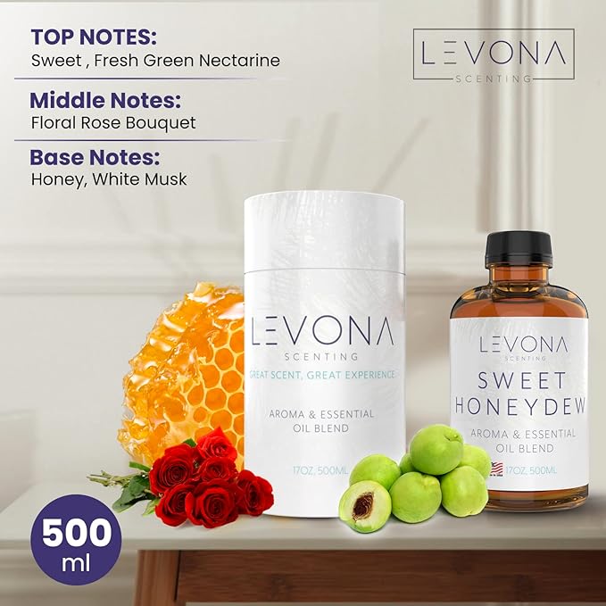 Levona Scent Oil Diffuser Essential Oils: Essential Oils Home Luxury Scents - Sweet Honeydew Essential Oil - Sweet & Fresh Notes of Nectarine and Floral Rose Essential Oil - 500 Ml Fragrance Oils