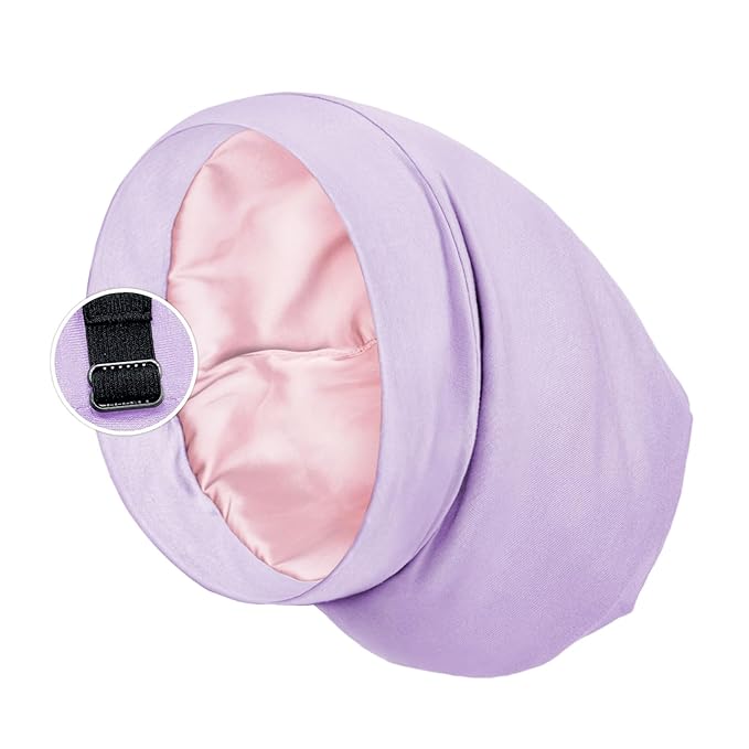 Satin Lined Sleep Cap Bonnet for Curly Hair and Braids, Stay On All Night Hair Wrap with Adjustable Strap for Women and Men, Lavender, Pack of 1