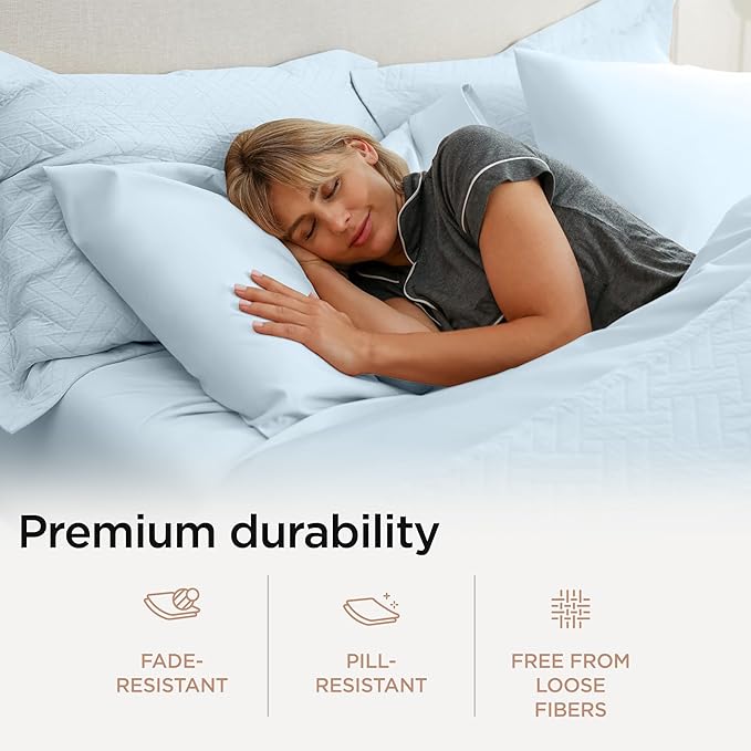Threadmill Supima Cotton Queen Sheet Set, 1000 Thread Count Queen Sheets for Queen Mattresses, 4 Piece American Luxury Bed Sheets, Sateen Hotel Quality Sheets with Elasticized Deep Pocket, Light Blue