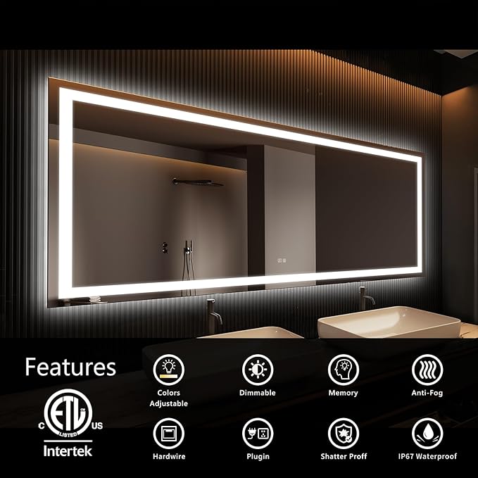 APRILSOUL 60x28 Inch LED Bathroom Mirror with Front and Backlit, Makeup Mirror with 3 Color Lights, Memory Function, Anti-Fog and Dimmable Light (Horizontal)