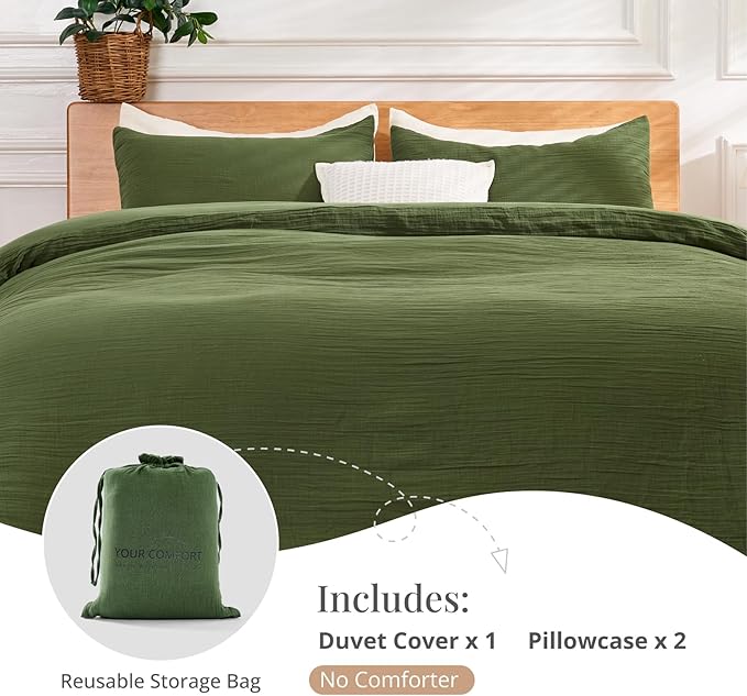 Green Duvet Cover Queen Size, 100% Sandwashed Cotton Soft Queen Duvet Cover Set 3 Pieces with Zipper Clousre & Corner Buttons (Green, Queen 90 x 90)