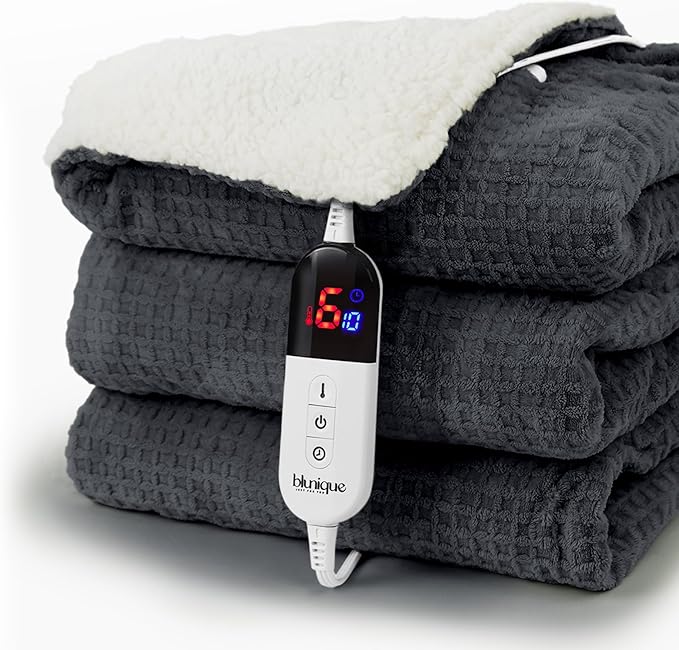 Heated Blanket Electric Blanket Twin Waffle, 62x84 Inches Sherpa Fleece Fast Heating Blanket 6 Heating Levels & 10 Hours Auto Off ETL Certification,Charcoal Grey Twin