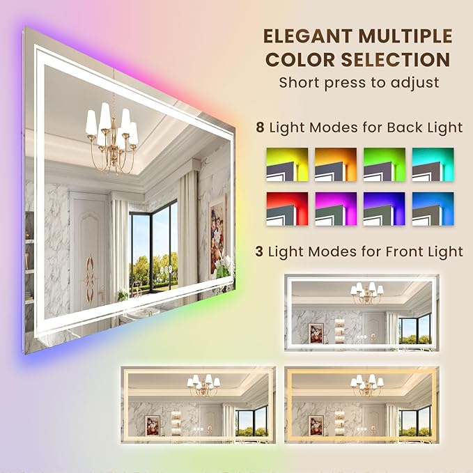 WTTY RGB LED Mirror for Bathroom,72"x32" Large LED Bathroom Mirror with Backlit and Front Light,Stepless Dimmable,Anti-Fog,Lighted Bathroom Vanity Mirror for Wall,Shatterproof,Memory Function