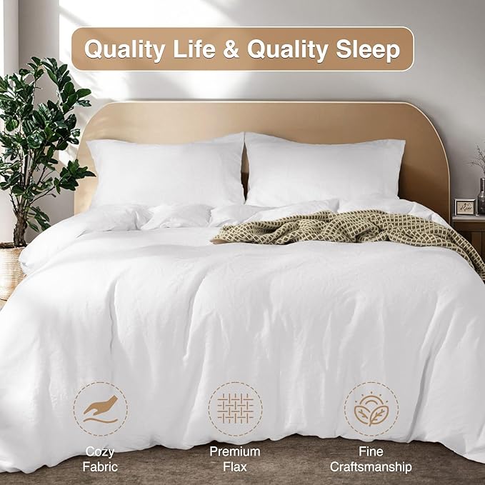 SONORO KATE 100% French Linen Duvet Cover Full Size, Soft Breathable for Hot Sleepers, Moisture Wicking & Durable Cover Set - Zipper Closure & 4 Corner Ties Duvet Covers 3 Piece (White,Full)