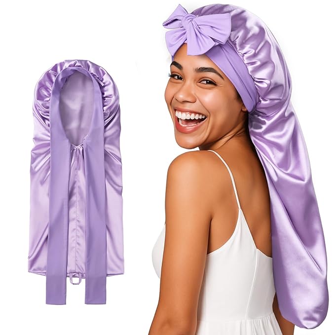 Umisleep 22 Momme Mulberry Silk Bonnet for Sleeping Women, Untangled Hair Care Bonnet, Extra Long for Curls & Braids - Lays Flat for Styling, Double Layer Hair Wrap with Soft Adjustable Tie, Lavender
