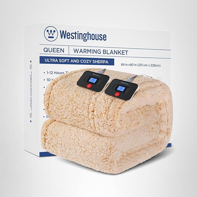 Westinghouse Electric Blanket Queen Size, Soft Plush Sherpa Heated Blanket with 10 Heating Levels & 1-12 Hours Auto-Off, Machine Washable, 84x90 inches, Yellow