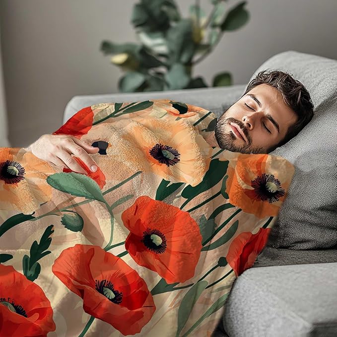 Poppy Throw Blanket, Watercolor Floral Gifts for Men and Women, All Seasons Soft Cozy Flower Home Decor for Sofa and Living Room, 40"x50"