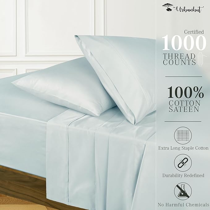 URBANHUT 1000 Thread Count California King Sheet Set Egyptian Cotton, Long Staple Soft & Breathable, 4 Pc Bed Sheet Sets, Luxury Hotel Sateen Sheets Fits 16" Deep Pocket - Light Blue