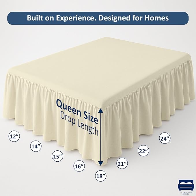 Ruffled Bed Skirt with Split Corners-Dust Ruffle - 24" Drop 100% Microfiber Soft,Sheen & Luxurious Look - Bed Skirts (Ivory -Queen)
