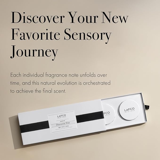 LAFCO New York Discovery Trio Best Sellers: Chamomile Lavender, Champagne & Feu de Bois - 3 Fragranced Candle Sample Tins - 4-Hour Burn Time Each - Made in The USA